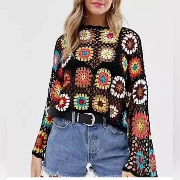 Wild Honey oversized bell sleeve Multicolor Crochet Knit cropped Sweater S - Picture 1 of 14